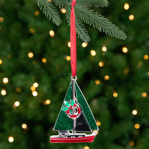 Sailboat with Holly Life Preserver Christmas Ornament - 3.25" - IMAGE 1
