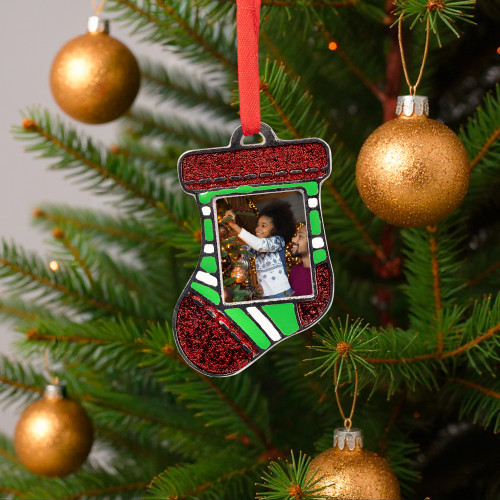 Striped Christmas Stocking Photo Frame Ornament - 3.25" - IMAGE 1