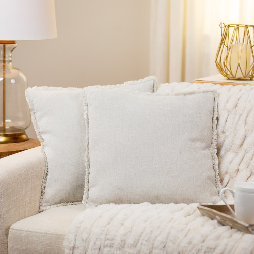 Thick Cotton Square Throw Pillows with Fringe - 17" x 17" - Beige - Set of 2 - IMAGE 1