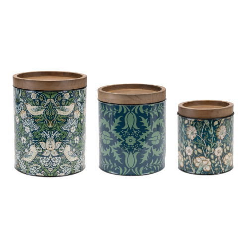 William Morris Round Storage Canisters with Wooden Lid - 10" - Set of 3 - IMAGE 1