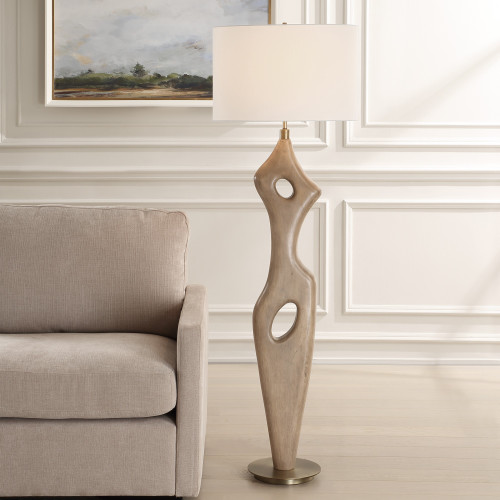 Abstract Carved Rubber Wood Floor Lamp with Oval Shade - 65.5" - Brown - IMAGE 1