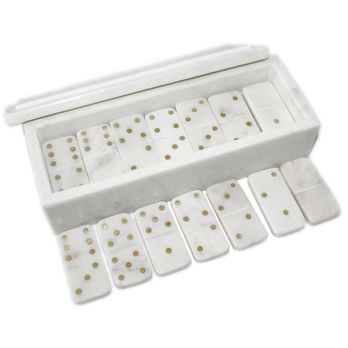 Dots Inlay Marble Dominoes Set - 12" - White and Gold - IMAGE 1