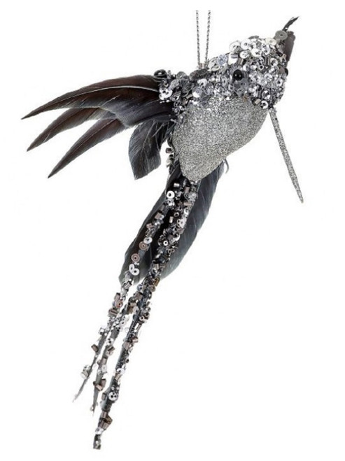 6ct Silver Glitter Sequin Beaded Hummingbird Christmas Ornaments 6.5" - IMAGE 1