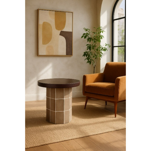 Handmade Wooden End Table with Tiled Base - 19.75" - Walnut Brown and Gray - IMAGE 1