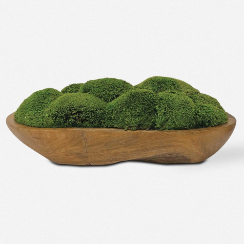 Artificial Moss in Teak Wood Bowl Centerpiece - 19" - Green and Brown - IMAGE 1