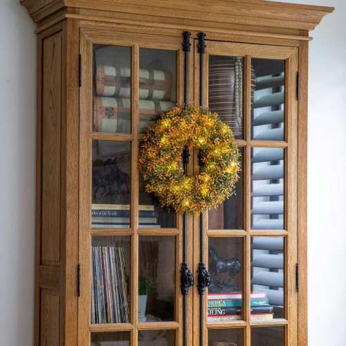 Pre-Lit Small Boxwood Artificial Fall Harvest Wreath - 18" - Warm White LED Lights - IMAGE 1
