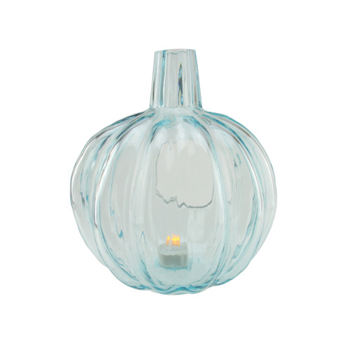 11" Transparent Blue Glass Pumpkin Pillar Candle Holder - IMAGE 1