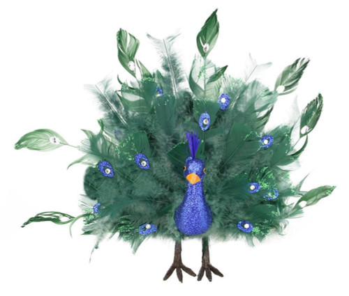 14" Colorful Green Regal Peacock Bird with Open Tail Feathers Christmas Decoration - IMAGE 1