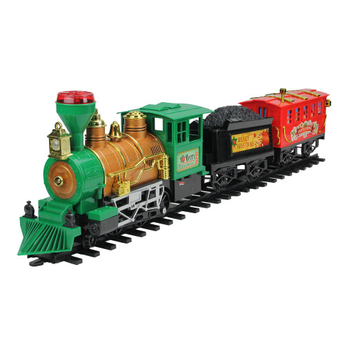 19-Piece Green and Red Battery Operated Christmas Express Train Set - IMAGE 1