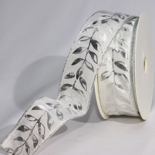 White and Silver "Holiday Wreath" Print Wired Craft Ribbon 1.5" x 54 Yards - IMAGE 1