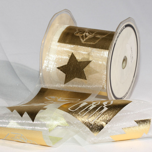 Ivory and Gold Colored German Christmas Print Organza Craft Ribbon 3" x 27 Yards - IMAGE 1