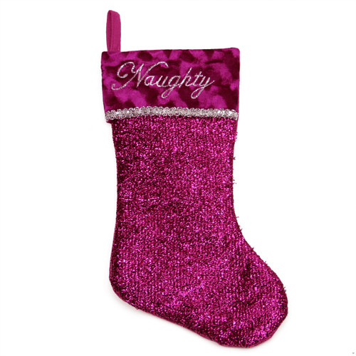 17" Metallic Pink Embroidered  "Naughty" Christmas Stocking with Shadow Velveteen Cuff - IMAGE 1