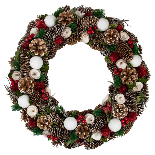 Frosted Pine Cone and Wooden Rose Artificial Christmas Wreath, 19-Inch, Unlit - IMAGE 1