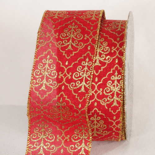 Gold and Cherry Red Tree Design Wired Craft Ribbon 2.5" x 20 yards - IMAGE 1