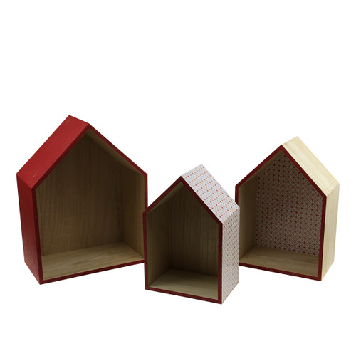 Set of 3 Brown and Red Geometric Shadow Boxes 15.5" - IMAGE 1