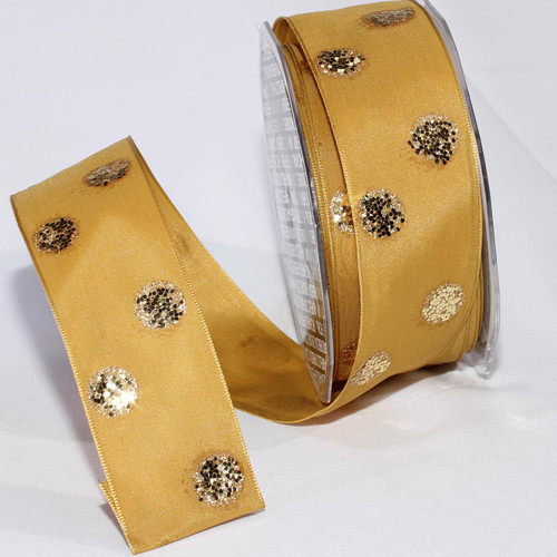 Glittery Gold Colored Polka Dotted Golden Fine Taffeta Wired Craft Ribbon 1.5" x 27 Yards - IMAGE 1