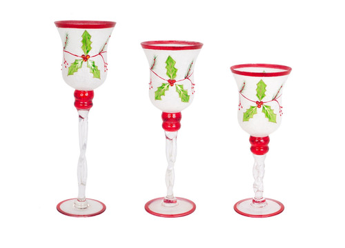 Set of 3 White and Red Glass Holly Candle Holders Christmas Decor 15.75" - IMAGE 1