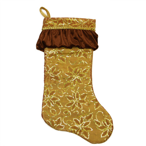 19" Gold Sequined Floral Venetian Style Ruffle Cuff Christmas Stocking - IMAGE 1