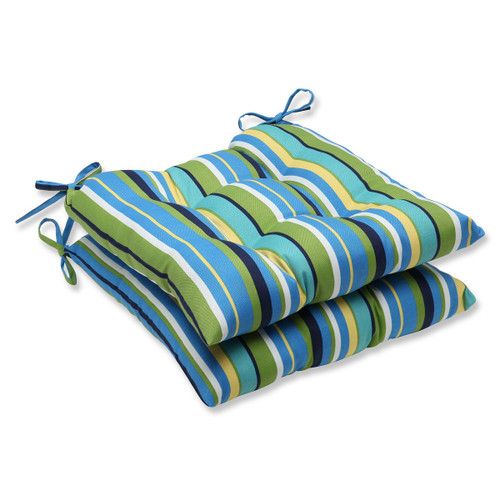 Striped Outdoor Patio Chair Cushions - 19" - Blue and Yellow - Set of 2 - IMAGE 1