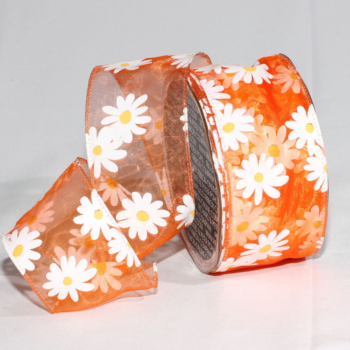 Orange Organdy with Daisy Print Wired Craft Ribbon 2" x 54 Yards - IMAGE 1