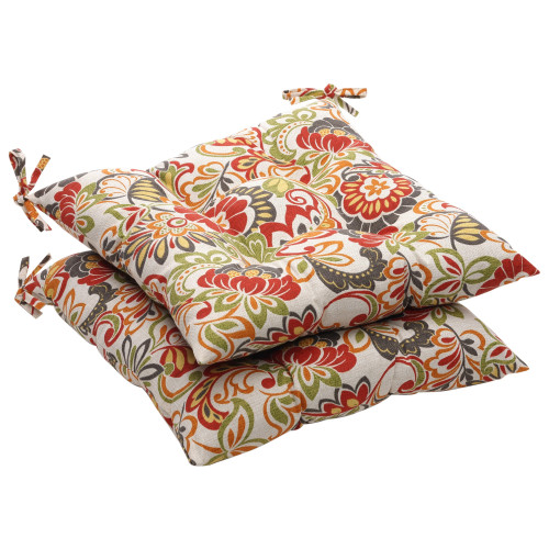 Set of 2 Orange and Red Tropical Floral Tufted Outdoor Patio Seat Cushions 19" - IMAGE 1