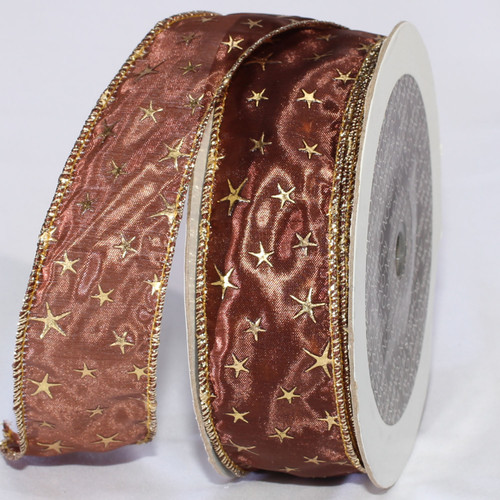 Brown and Gold Stars Plump Edge Wired Craft Ribbon 1.5" x 27 Yards - IMAGE 1