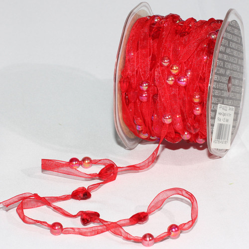 Red Narrow Organdy with Hearts Tulle Craft Ribbon 0.25" x 27 Yards - IMAGE 1