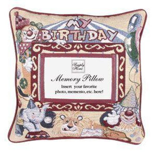 12" Beige and Red My Birthday Circus Square Throw Pillow with Memory Photo Insert - IMAGE 1