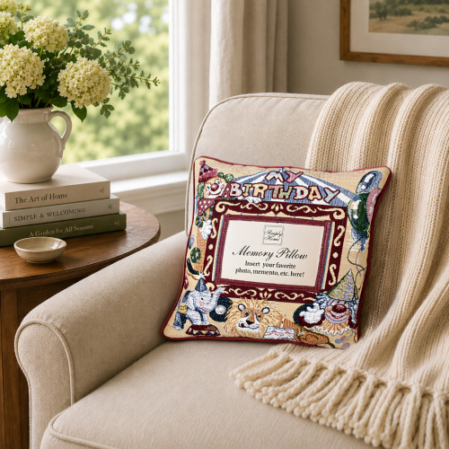 12" Beige and Red My Birthday Circus Square Throw Pillow with Memory Photo Insert - IMAGE 1
