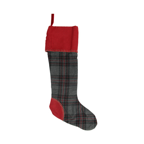 28" Gray and Red Rustic Chic Plaid Christmas Stocking - IMAGE 1