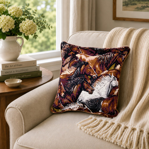 17" Brown and White Wild Running Mustang Horses Square Throw Pillow - IMAGE 1