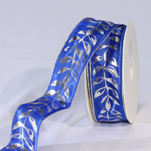 Blue and Silver "Holiday Wreath" Print Wired Craft Ribbon 1.5" x 54 Yards - IMAGE 1