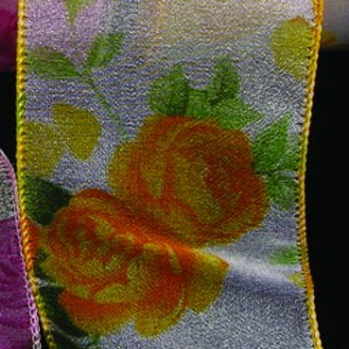 Sheer White and Yellow Beautiful Roses Wired Craft Ribbon 2.5" x 20 Yards - IMAGE 1