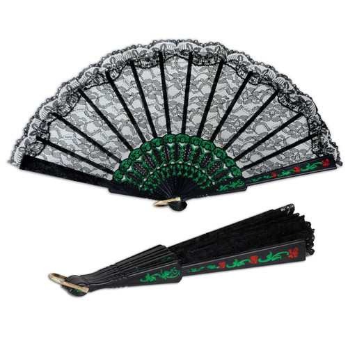 Club Pack of 12 Black and Green Floral Fiesta Lace Fan Party Accessories - IMAGE 1