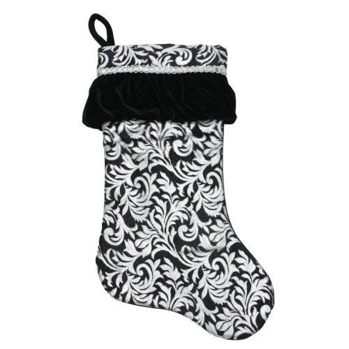 20" Black and Silver Floral with Ruffle Cuff Christmas Stocking - IMAGE 1