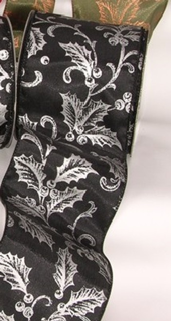 Black with Silver Poinsettia and Berry Print Wired Craft Ribbon 2" x 40 Yards - IMAGE 1