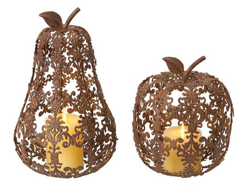 Set of 2 Bronze Apple and Pear Thanksgiving Pillar Candle Holders 13" - IMAGE 1