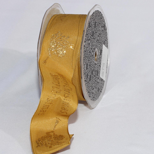 Gold Glittered "Merry Christmas" Wired Craft Ribbon 1.5" x 27 Yards - IMAGE 1