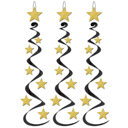 Star Whirls Hanging Decorations - 30" - Black and Gold - Pack of 18 - IMAGE 1