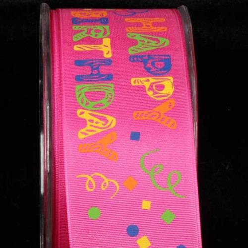 Pink "Happy Birthday" Wired Craft Ribbon 1.5" x 27 Yards - IMAGE 1
