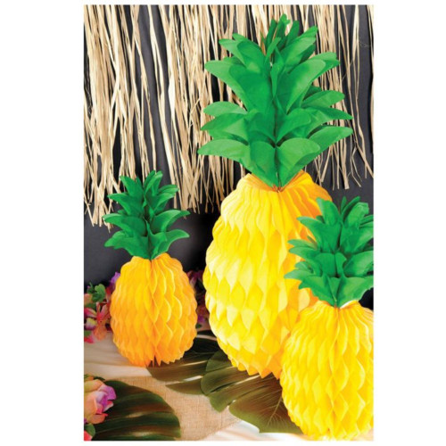 Honeycomb Tissue Paper Pineapple Centerpieces - 12" - Yellow and Green - Pack of 36 - IMAGE 1