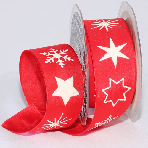 Red and White Stars with Snowflakes Wired Craft Ribbon 1.375" x 20 Yards - IMAGE 1