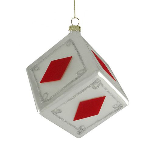 3" White and Red Diamonds Dice Gambling Glass Christmas Ornament - IMAGE 1