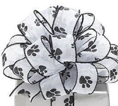 Black and White Paw Print Wired Craft Ribbon 1.5" x 40 Yards - IMAGE 1