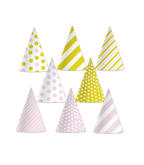 Club Pack of 12 Pink and White Child Girl Birthday Party Cone Hats Costume Accessories  6.5" - IMAGE 1
