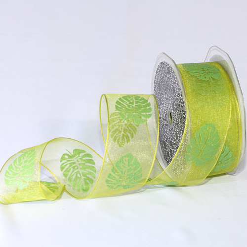 Set of 2 Lime Green with Green Rubber Tree Wired Craft Ribbon 1.5" x 44 Yards - IMAGE 1