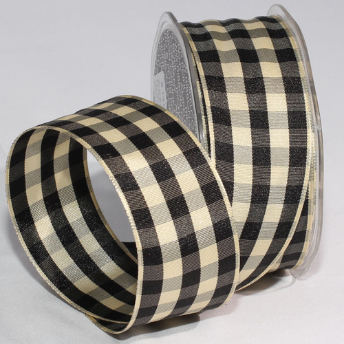Black and Ivory Gingham Wired Woven Edge Craft Ribbon 1.5" x 27 Yards - IMAGE 1