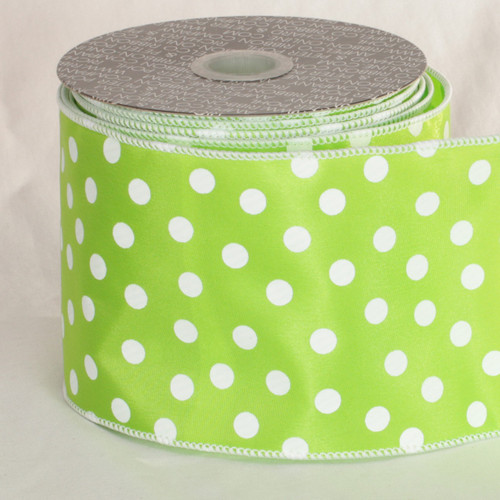 Lime Green and White Polka Dots Printed Wired Craft Ribbon 4" x 20 Yards - IMAGE 1