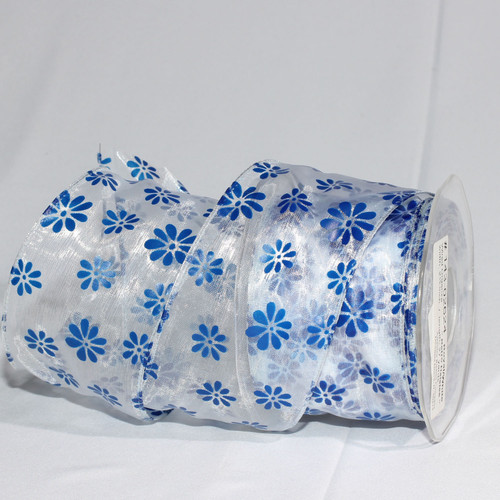 White and Royal Blue Retro Daisies Organza Wired Craft Ribbon 2.5" x 27 Yards - IMAGE 1