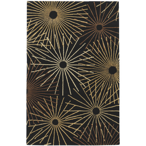 9' x 12' Ganesha Sunburst Contemporary Jet Black and Tan Wool Area Throw Rug - IMAGE 1